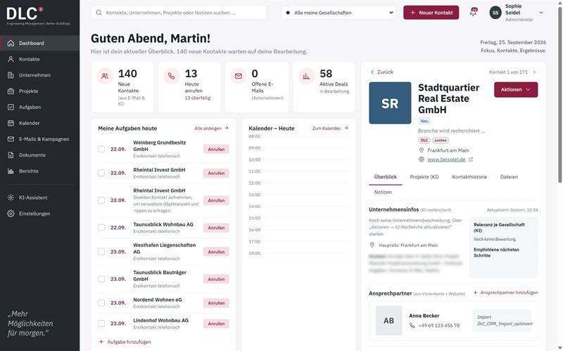 Screenshot von innoclix crm: Dashboard mit neuen Kontakten, Anrufen für heute, offenen E-Mails, aktiven Deals, Aufgaben und Kontaktdetail (Demo-Daten)