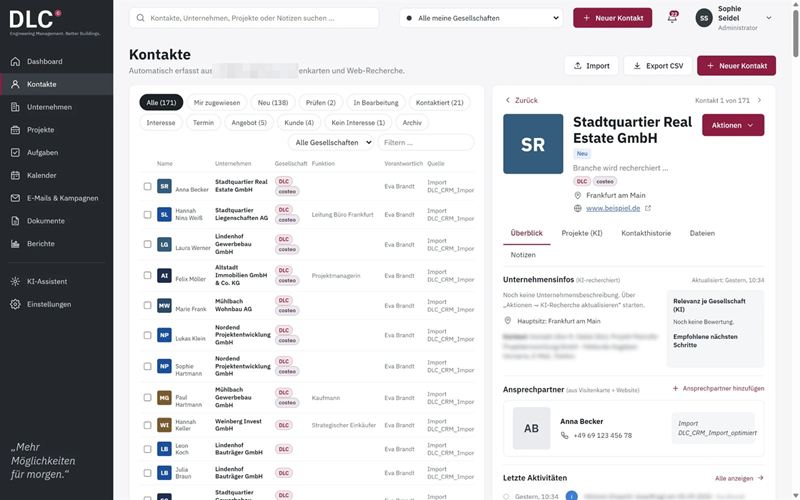 Screenshot von innoclix crm, Ansicht Kontakte: Automatisch erfasst aus dem CRM-Postfach, Visitenkarten und Web-Recherche; Pipeline-Filter von „Neu“ bis „Kunde“, Zuordnung zu Gesellschaften