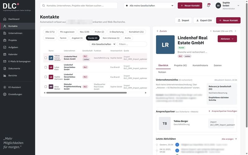 Screenshot von innoclix crm, Ansicht Kunden & Kontaktdetail: Unternehmen mit Ansprechpartnern, KI-Recherche der Unternehmensinfos und letzte Aktivitäten