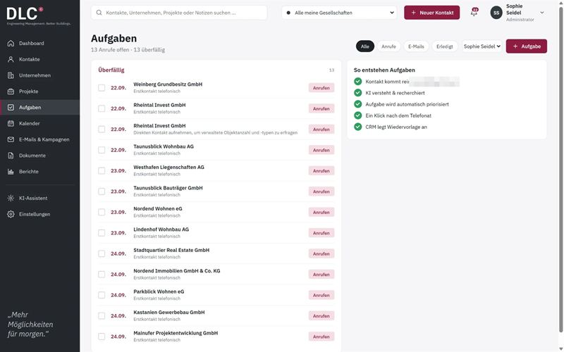 Screenshot von innoclix crm, Ansicht Aufgaben: Automatisch priorisierte Anrufe und Wiedervorlagen: Kontakt kommt rein, KI versteht und recherchiert, Aufgabe wird priorisiert, nach dem Telefonat legt das CRM die Wiedervorlage an