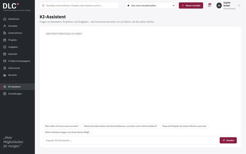 Screenshot von innoclix crm, Ansicht KI-Assistent: Fragen zu Kontakten, Projekten und Aufgaben – Antworten nur auf Basis der Daten, die man sehen darf