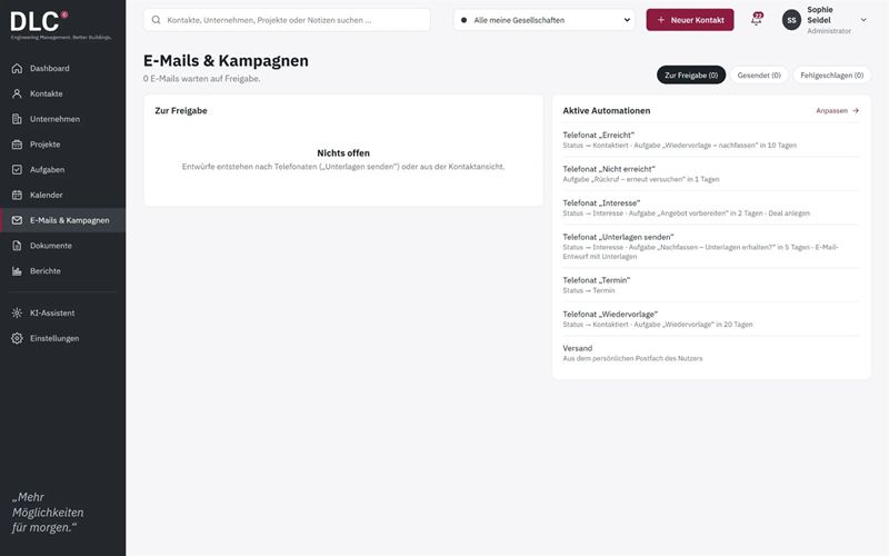 Screenshot von innoclix crm, Ansicht E-Mails & Kampagnen: E-Mail-Entwürfe zur Freigabe, Automationen je Telefonat-Ergebnis (z. B. „Nicht erreicht“ → Rückruf-Aufgabe, „Interesse“ → Status, Aufgabe „Angebot vorbereiten“ und Deal), Versand aus dem persönlichen Postfach