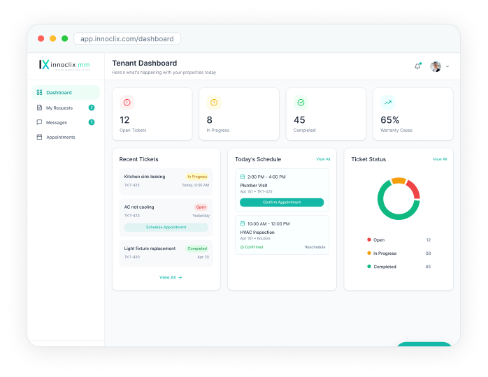 Dashboard von innoclix mm mit offenen Mängelmeldungen, Terminen und Ticketstatus