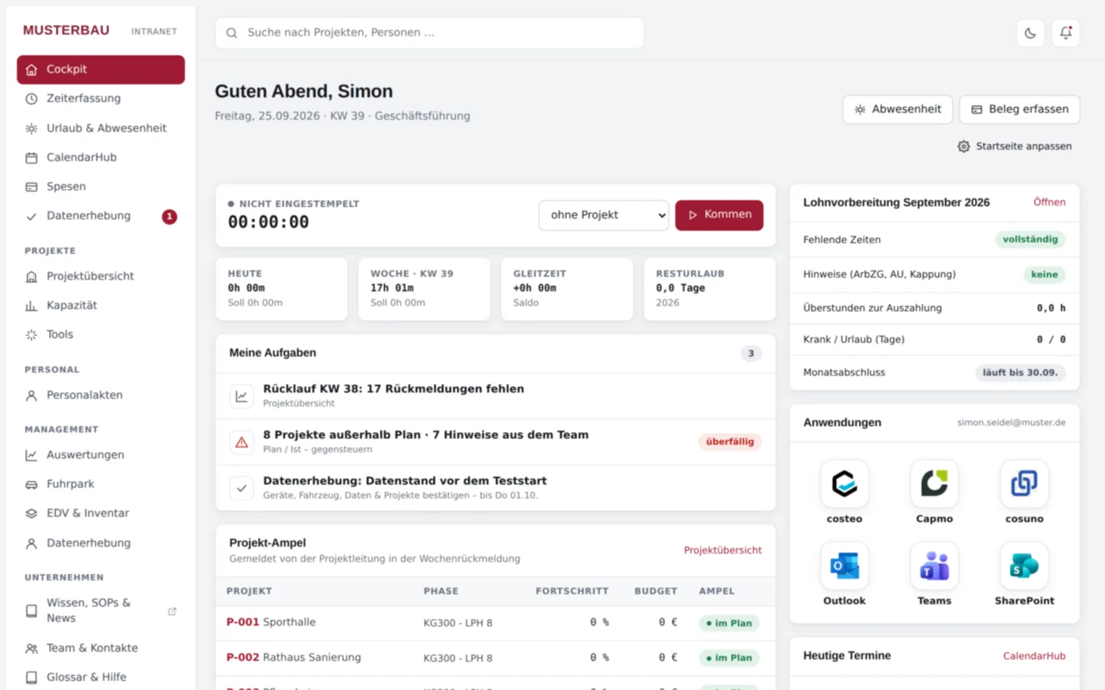 Screenshot von innoclix hub: Cockpit mit Stempeluhr, Konten, Aufgaben, Projekt-Ampel und Lohnvorbereitung (Demo-Daten)