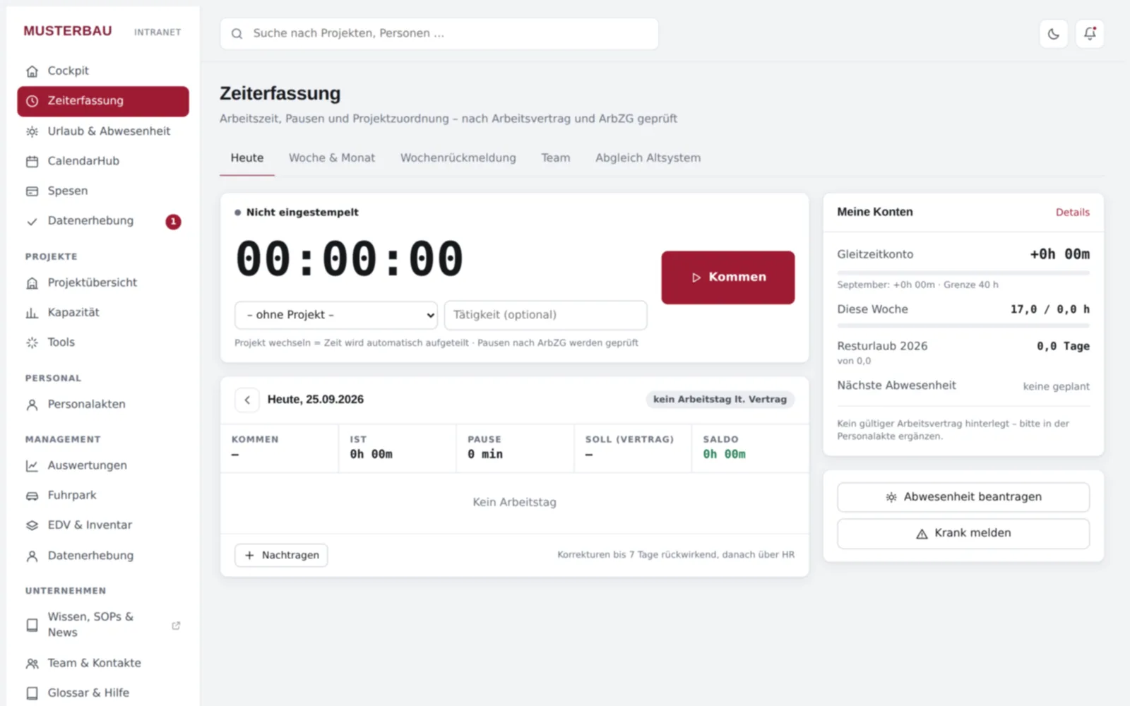 Screenshot von innoclix hub, Ansicht Zeiterfassung: Kommen und Gehen mit Projektzuordnung, Pausenprüfung nach ArbZG