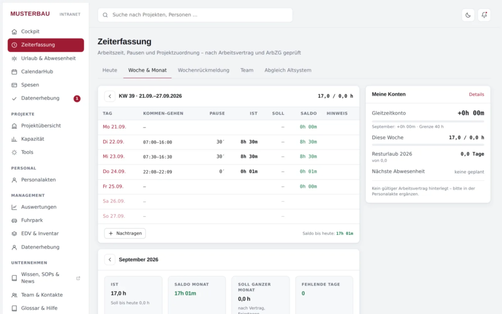 Screenshot von innoclix hub, Ansicht Woche & Monat: Ist, Soll und Saldo je Tag, Gleitzeitkonto