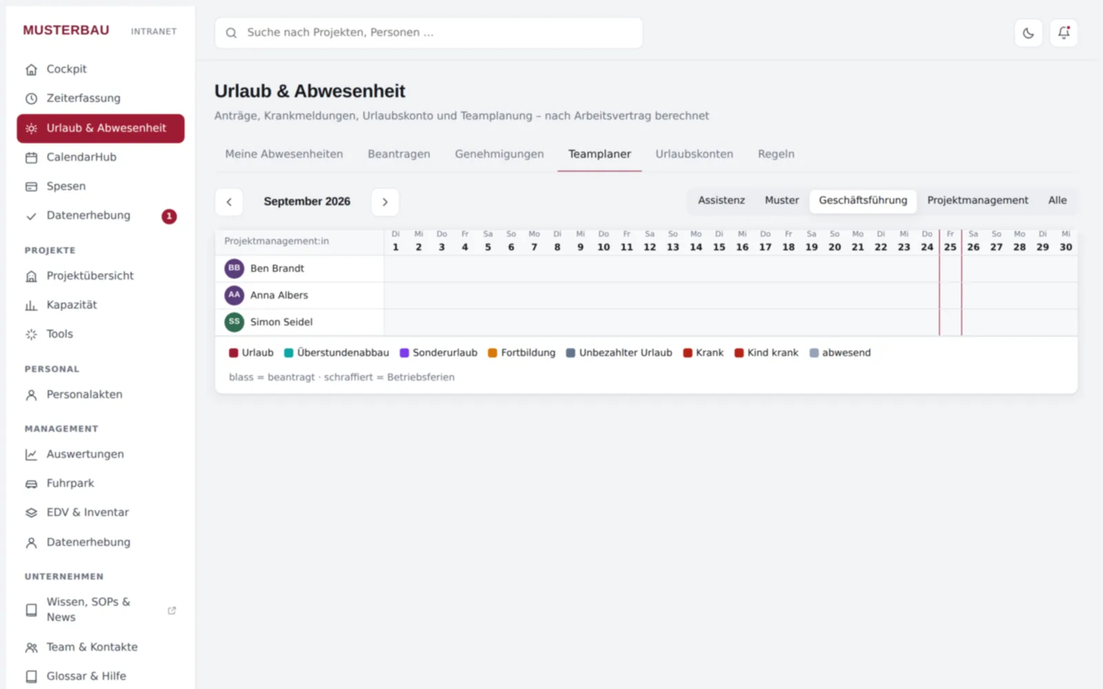 Screenshot von innoclix hub, Ansicht Urlaubsplaner: Teamkalender mit Urlaub, Krankheit, Fortbildung und weiteren Abwesenheiten