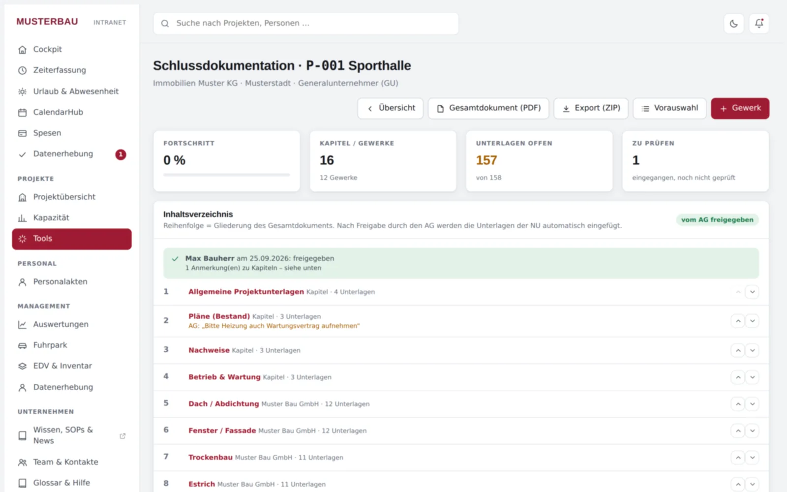 Screenshot von innoclix hub, Ansicht Schlussdokumentation: Gliederung, Unterlagen je Gewerk, Freigabe durch den Auftraggeber, Export als PDF/ZIP