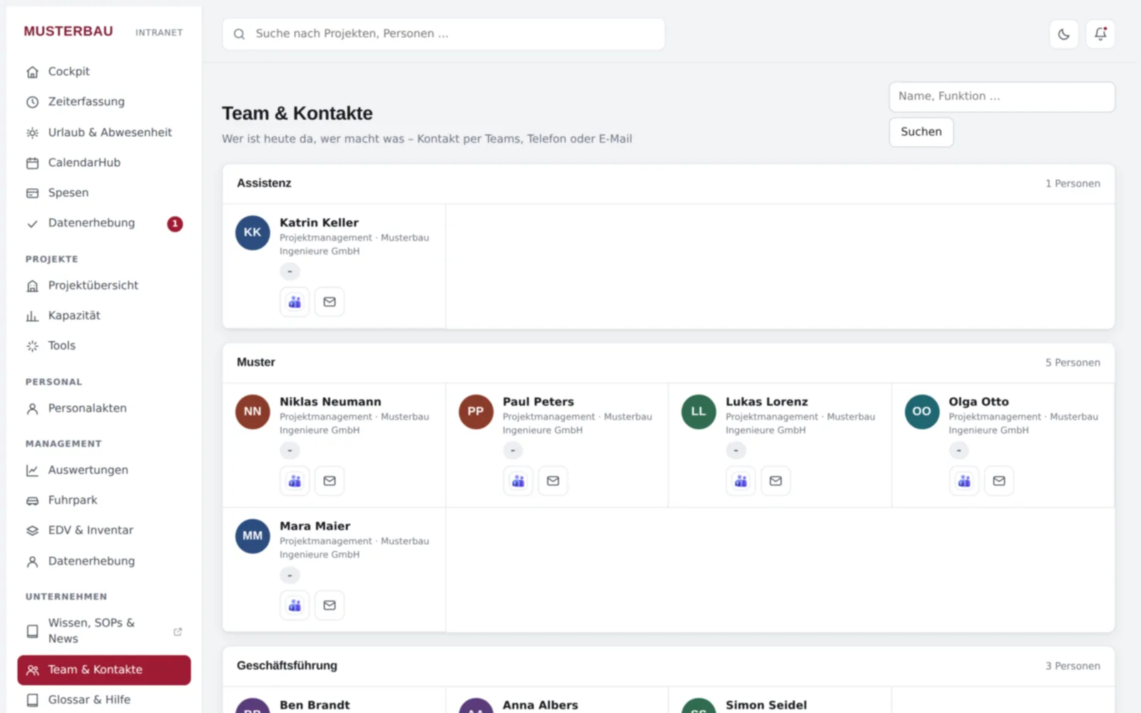 Screenshot von innoclix hub, Ansicht Team & Kontakte: Wer macht was – Kontakt per Teams oder E-Mail