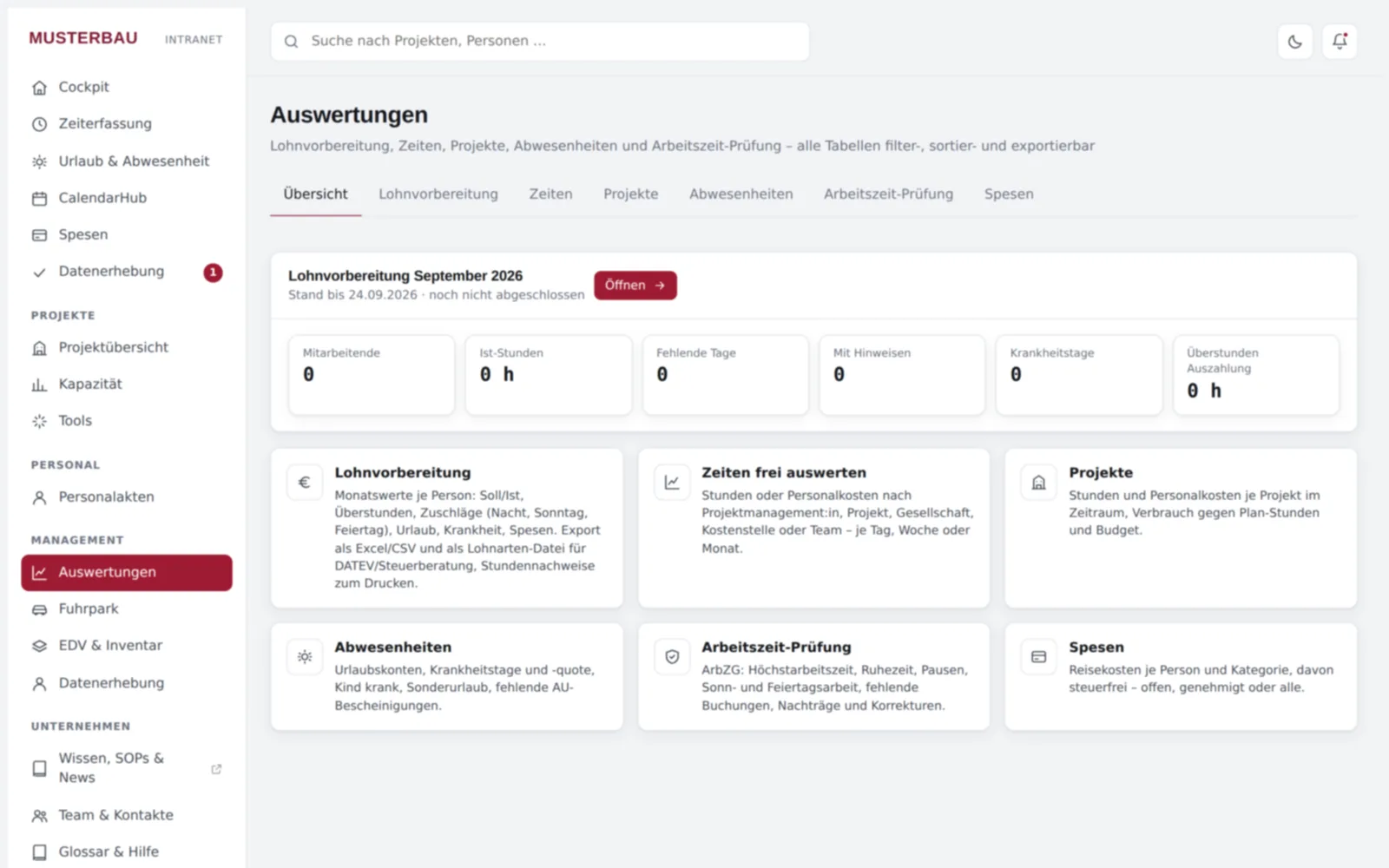 Screenshot von innoclix hub, Ansicht Auswertungen: Lohnvorbereitung, Zeiten, Projekte, Abwesenheiten, Arbeitszeit-Prüfung und Spesen – filter- und exportierbar