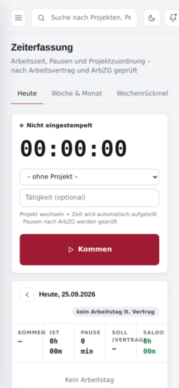 Screenshot von innoclix hub, Ansicht Zeiterfassung mobil: Zeiterfassung auf dem Smartphone