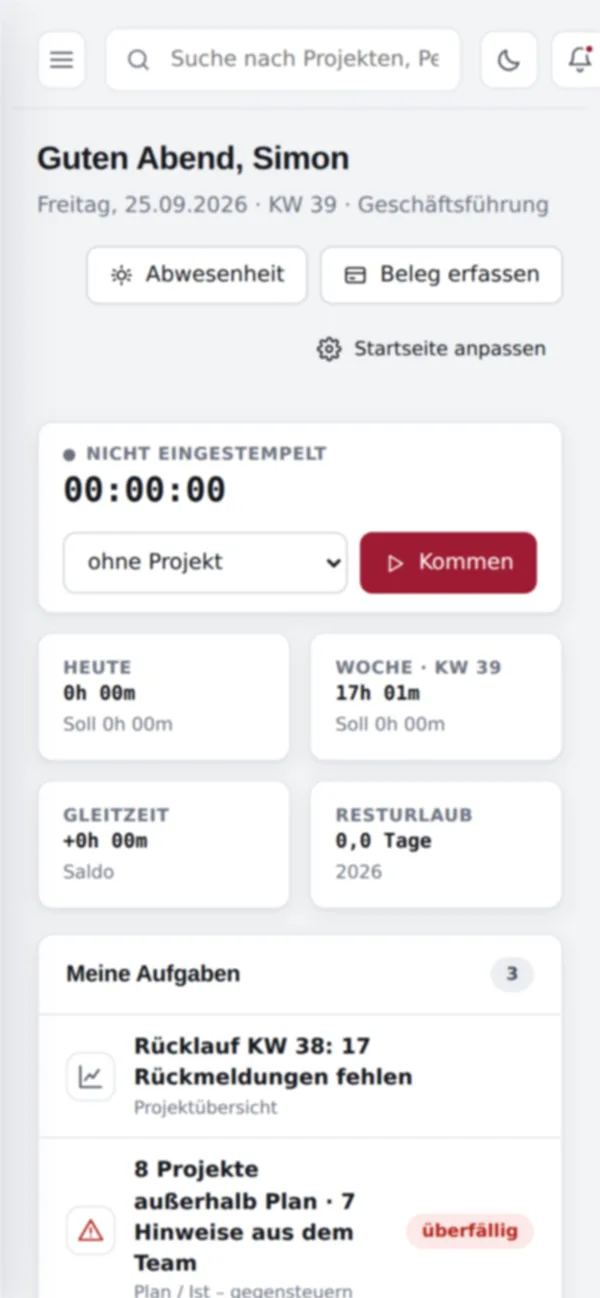 Screenshot von innoclix hub, Ansicht Cockpit mobil: Cockpit auf dem Smartphone