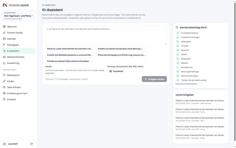 Screenshot von innoclix social, Ansicht KI-Assistent: Aufgabe in eigenen Worten beschreiben – die Ergebnisse werden bearbeitbare Entwürfe, nichts wird automatisch veröffentlicht