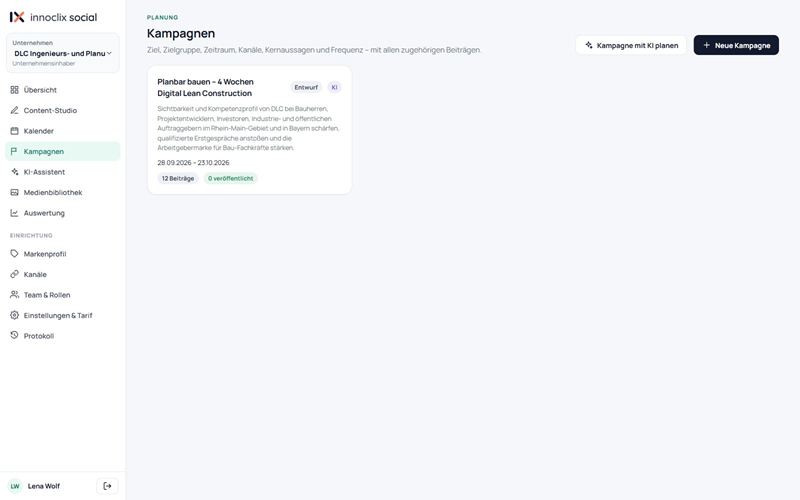 Screenshot von innoclix social, Ansicht Kampagnen: Ziel, Zielgruppe, Zeitraum, Kanäle, Kernaussagen und Frequenz mit allen zugehörigen Beiträgen – auf Wunsch mit KI geplant