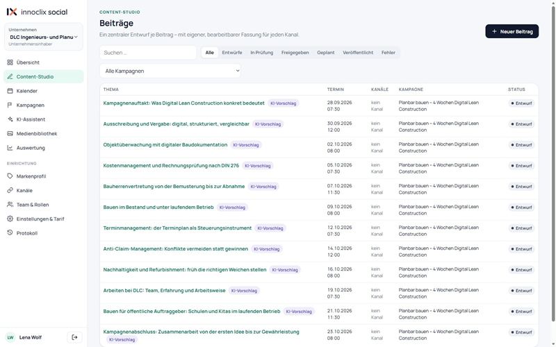 Screenshot von innoclix social, Ansicht Content-Studio: Alle Beiträge mit Termin, Kanälen und Kampagne, filterbar nach Status: Entwurf, in Prüfung, freigegeben, geplant, veröffentlicht, Fehler