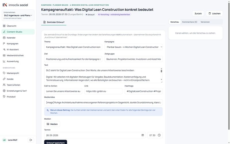 Screenshot von innoclix social, Ansicht Beitrag: Zentraler Entwurf mit Thema, Ziel, Zielgruppe, Text, Call-to-Action, Link, Hashtags und Medienidee, dazu „Warum dieser Beitrag“ sowie Vorschau, Kommentare und Versionen