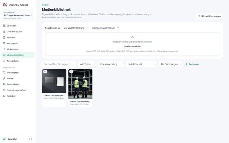 Screenshot von innoclix social, Ansicht Medienbibliothek: Eigene Bilder, Videos, Logos, Screenshots und KI-Medien mit Kennzeichnung der Herkunft; Referenzbilder werden nie veröffentlicht, Bilder lassen sich mit KI erzeugen
